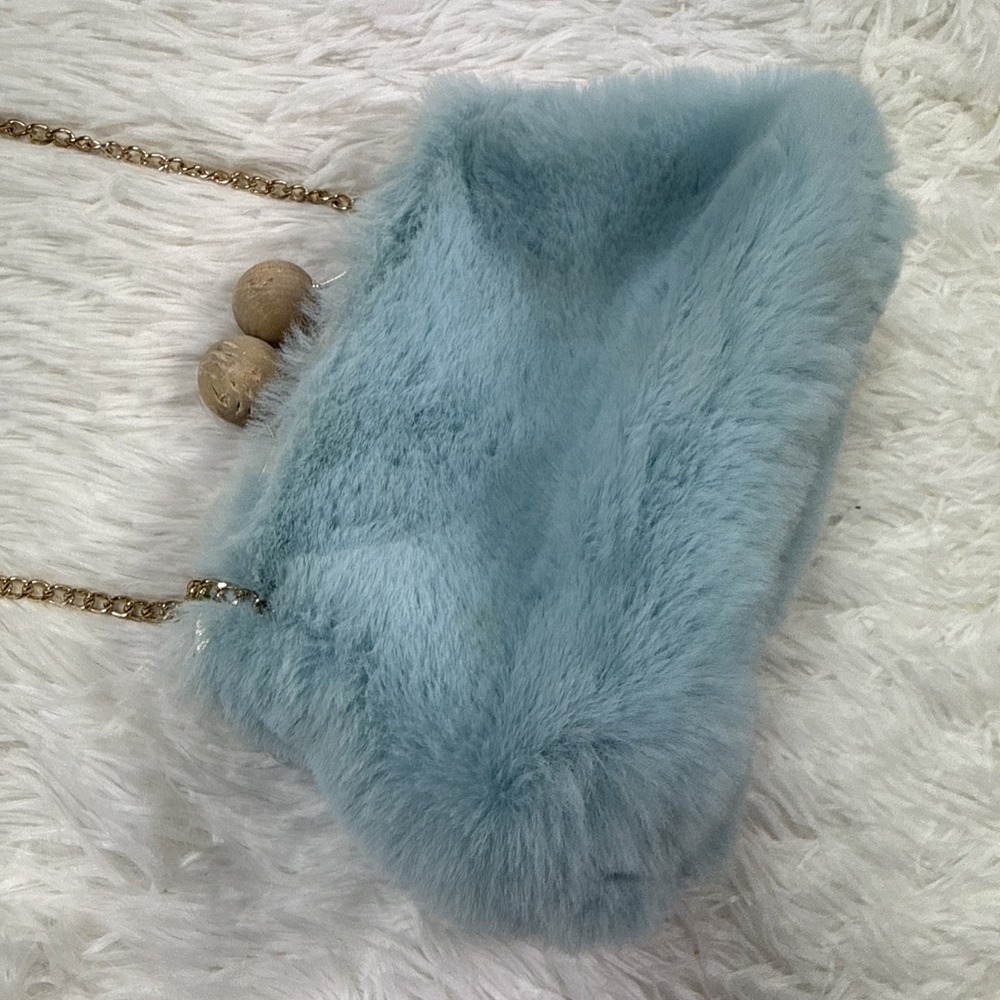 Vintage Blue Faux Fur Clamshell Handbag Bird Chain Strap Evening Purse - Picture 8 of 10